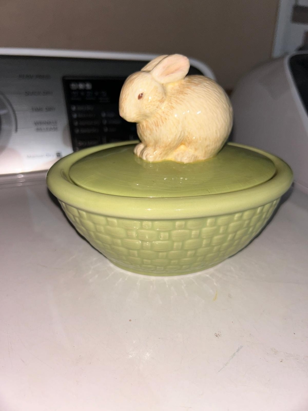 vintage Hallmark ceramic candy dish featuring a light green basket-weave base